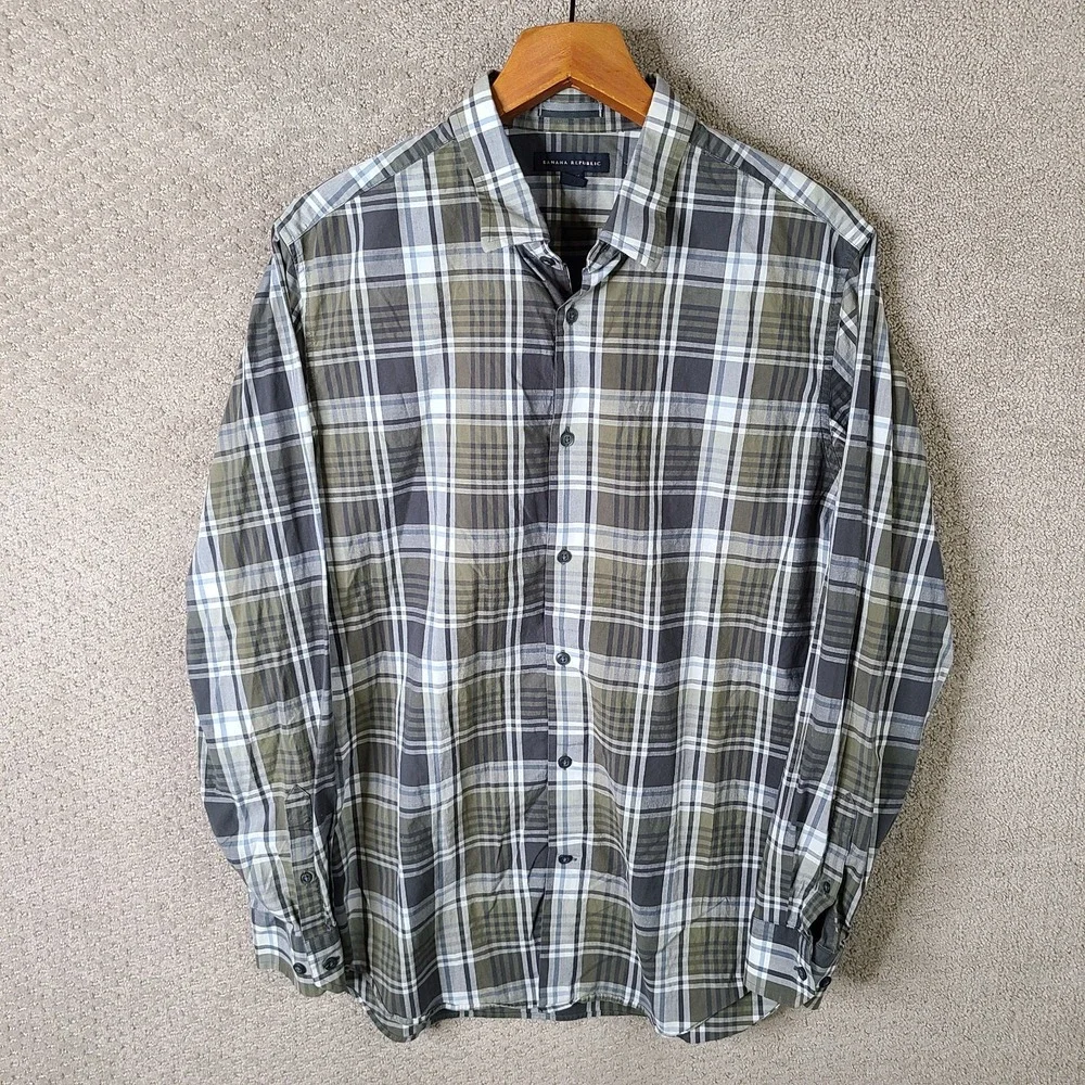Banana Republic Shirt Men Large Green Gray Plaid Button Down Cotton Blend